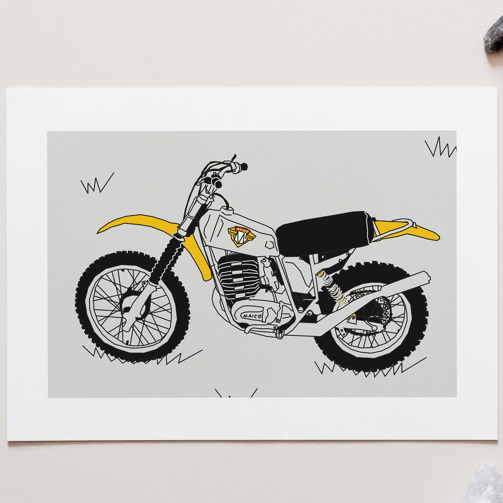 Yellow Grey Vintage Motocross. Maico 400 1973 Classic Motocross bike Art Print for sale