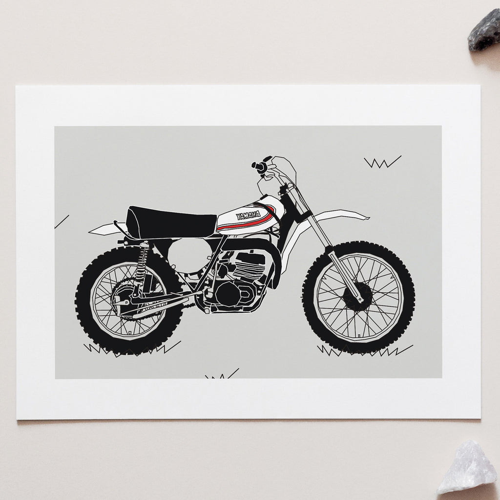 White Vintage Motocross. Yamaha YZ250 1973 Classic Motocross bike Art Print for sale
