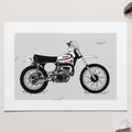 White Vintage Motocross. Yamaha YZ250 1973 Classic Motocross bike Art Print for sale
