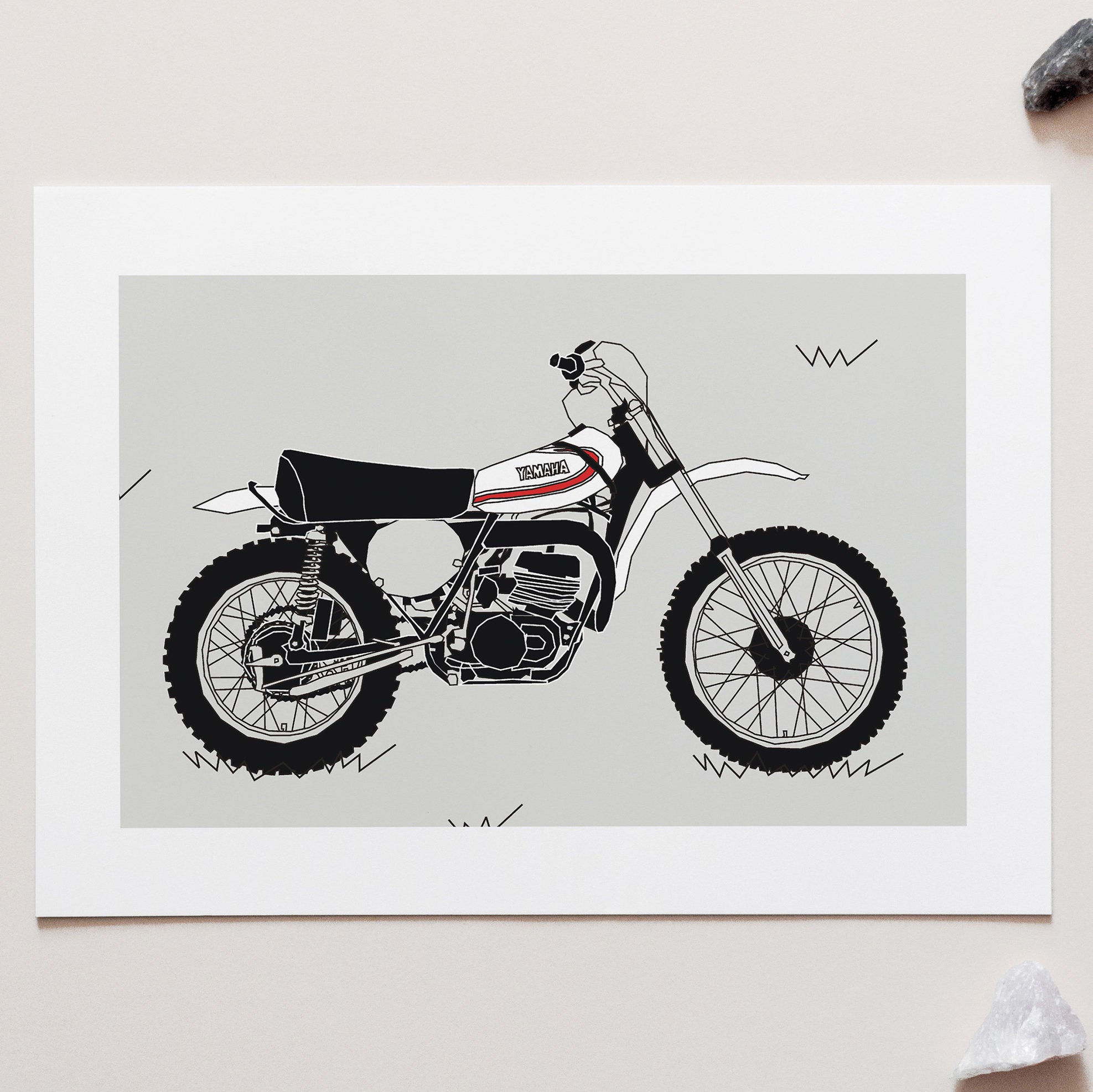 White Vintage Motocross. Yamaha YZ250 1973 Classic Motocross bike Art Print for sale