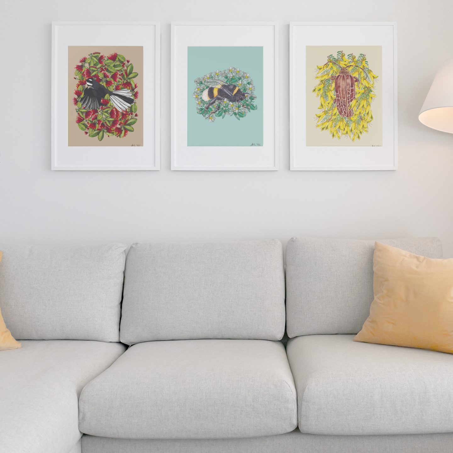 BumbleBee + Hectors Daisy, BumbleBee + Hector's Daisy, Penny+Lesh Collab, art prints, Piwakawaka + Pohutukawa, Huhu Beetle + Kowhai